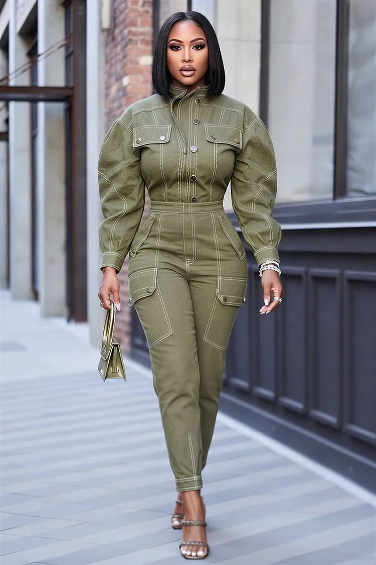 Contrast Piping Multi Pocket Stand Collar Jogger Jumpsuit-Green
