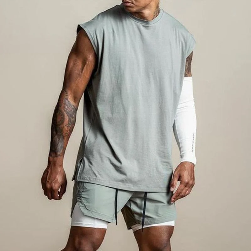 Aonga 2022 Running Men's Tank Tops Cotton Sleeveless Training Oversize O Neck T-Shirt Men Basketball Gym Fitness Bodybuilding Vest