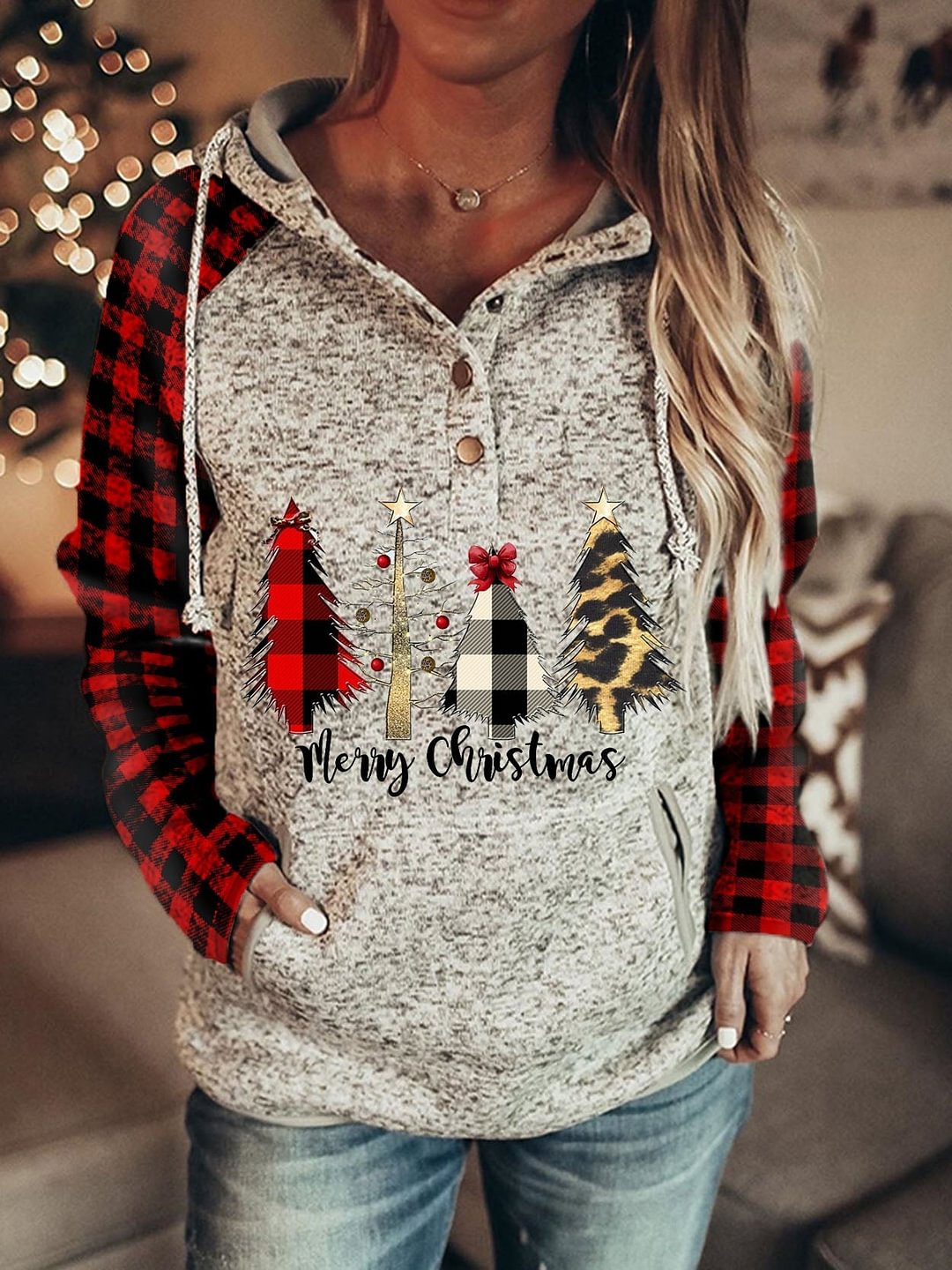Merry Christmas Tree Plaid Print Sweatshirt