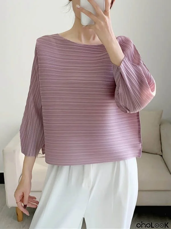 Casual Loose Three-Quarter Sleeves Pleated Solid Color Round-Neck T-Shirts Tops