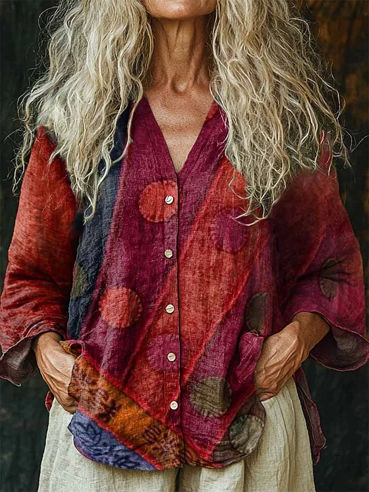 Women's Boho Ethnic Color Clash Flower Art Print Linen And Cotton V-neck Casual Shirt