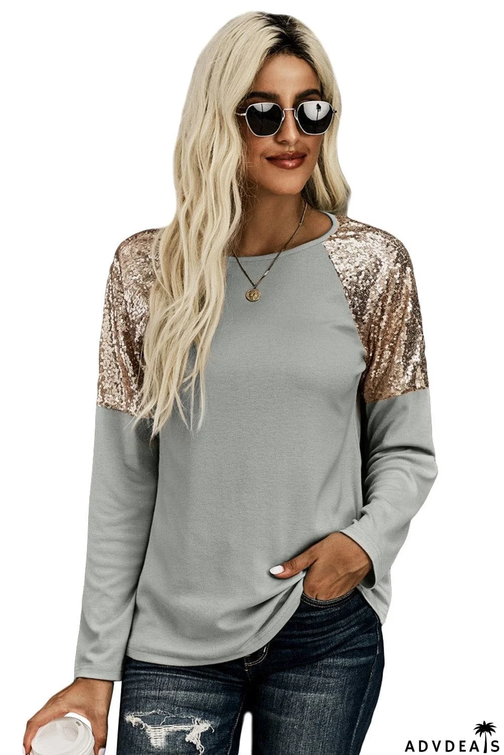 Sequin Shoulder Long Sleeve Top