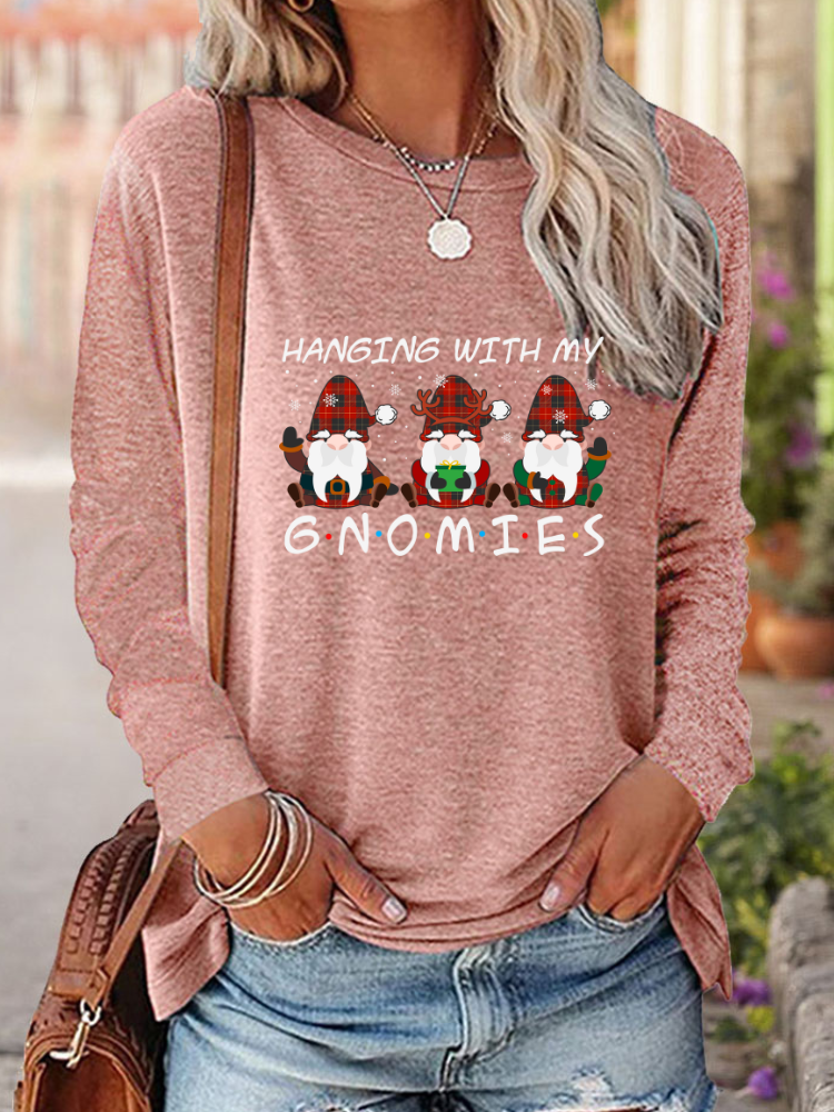 Womens Christmas Gnomes Print Crew Neck Long Sleeve T-Shirt Top