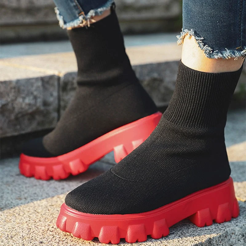 Women Ankle Boots Platform Knitted Ladies Autumn Socks Boots for Women Fashion Female Booties Plus Size High Heel Boot Chunky