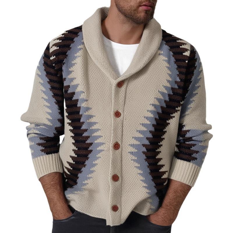 Men's Vintage Jacquard Thick Lapel Single Breasted Knitted Cardigan 25787366M