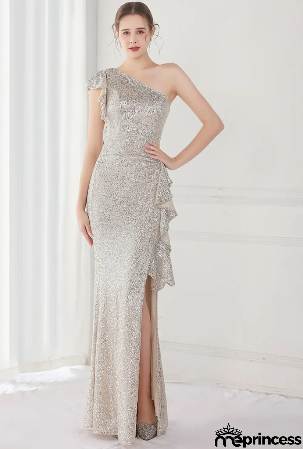 Summer Elegant Beige One Shoulder Slit Cocktail Eevening Dress