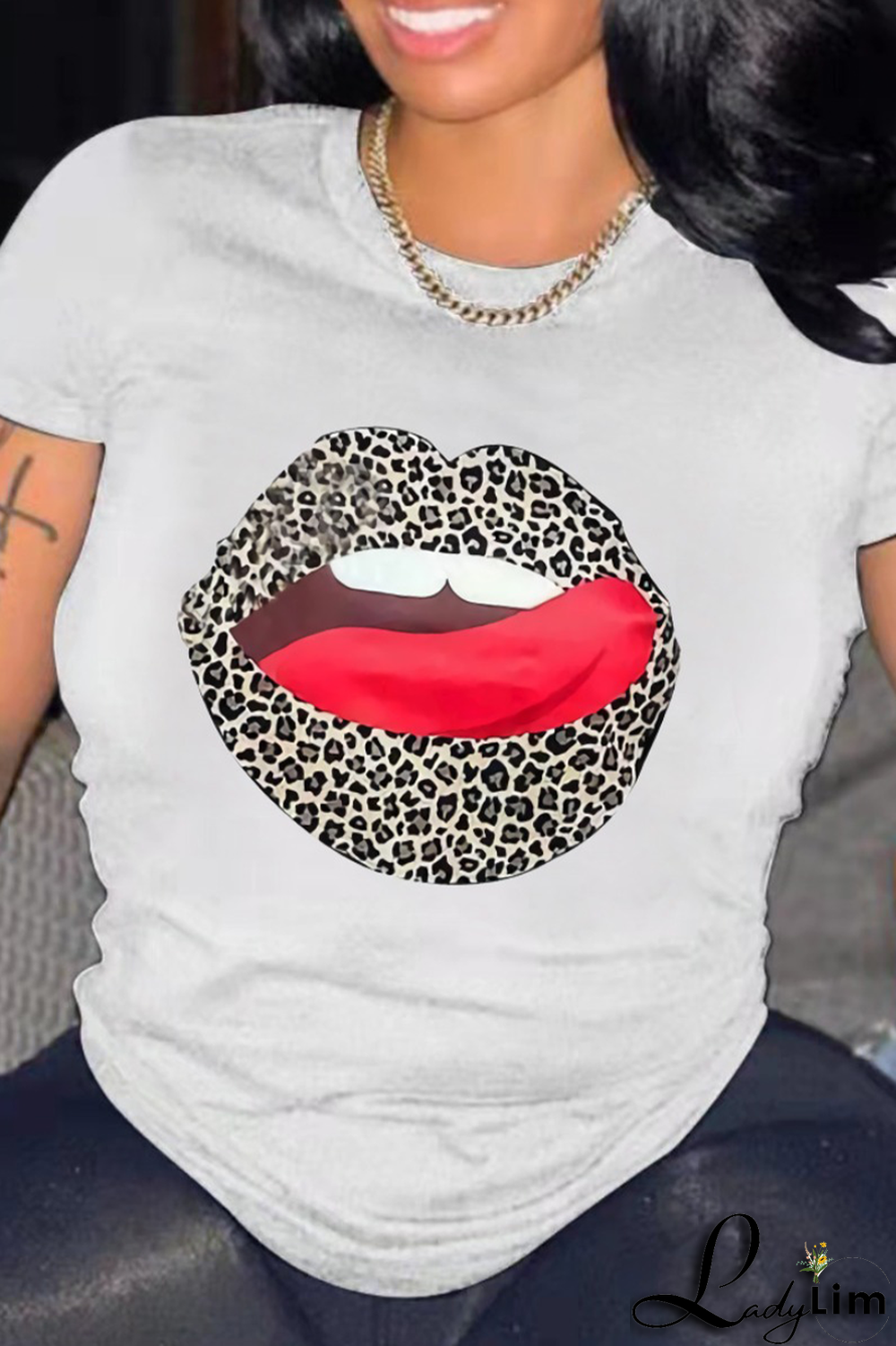 White Fashion Street Leopard Lips Printed Patchwork O Neck T-Shirts