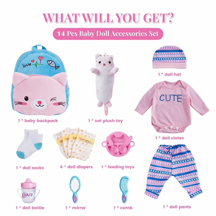17"-22" Reborn Baby Doll Pink 14 Pcs Set Clothing Accessories