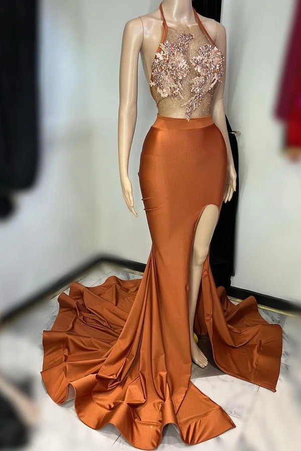 Brown Long Prom Dress Sleeveless Halter With Appliques High Slit YL0073
