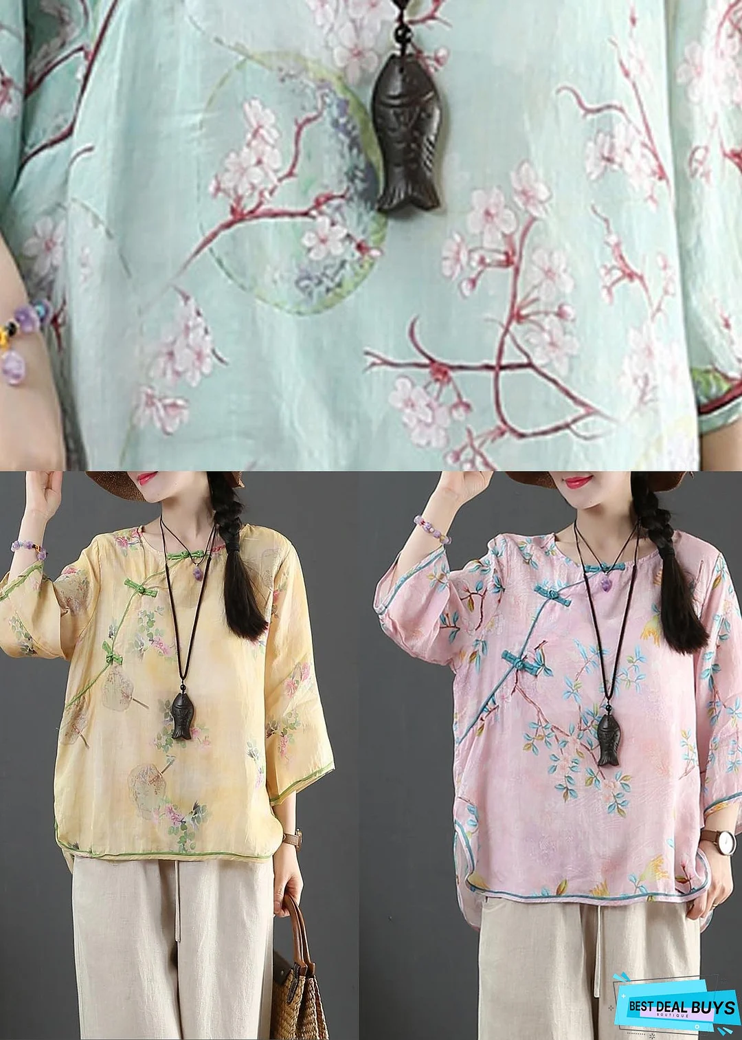 Organic Blue Print Linen Half Sleeve Top Summer