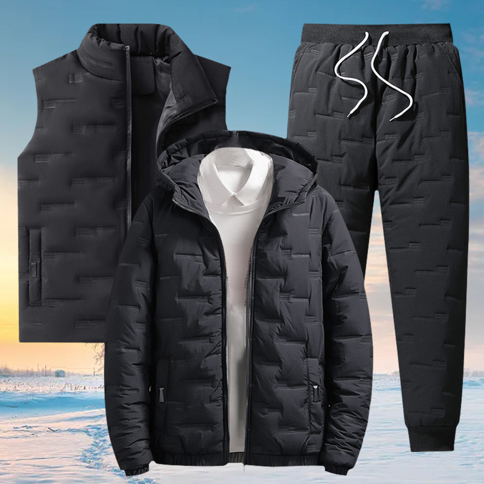 Vizslaz Warm Cotton Fashion Suit Men'S Three Piece Set Padded Padded Jacket Winter Jacket Padded Vest And Pants Casual Outfits Hombre
