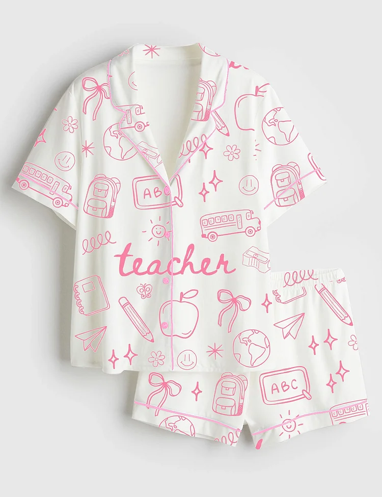 Women&rsquo;s Teacher Doodle Coquette Pink Bows Back To School Short Sleeve Satin Pajama Set