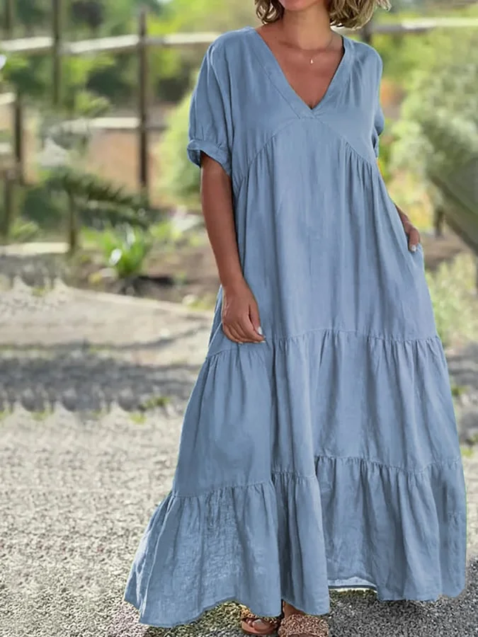 Women's Casual Solid Color V-neck Short Sleeve Denim Dress