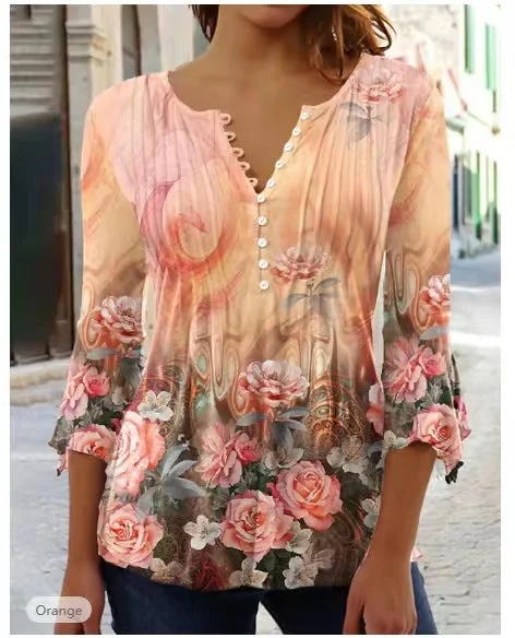 Uveng Wear Floral Printed V-neck Sleeve Pleated Blouses