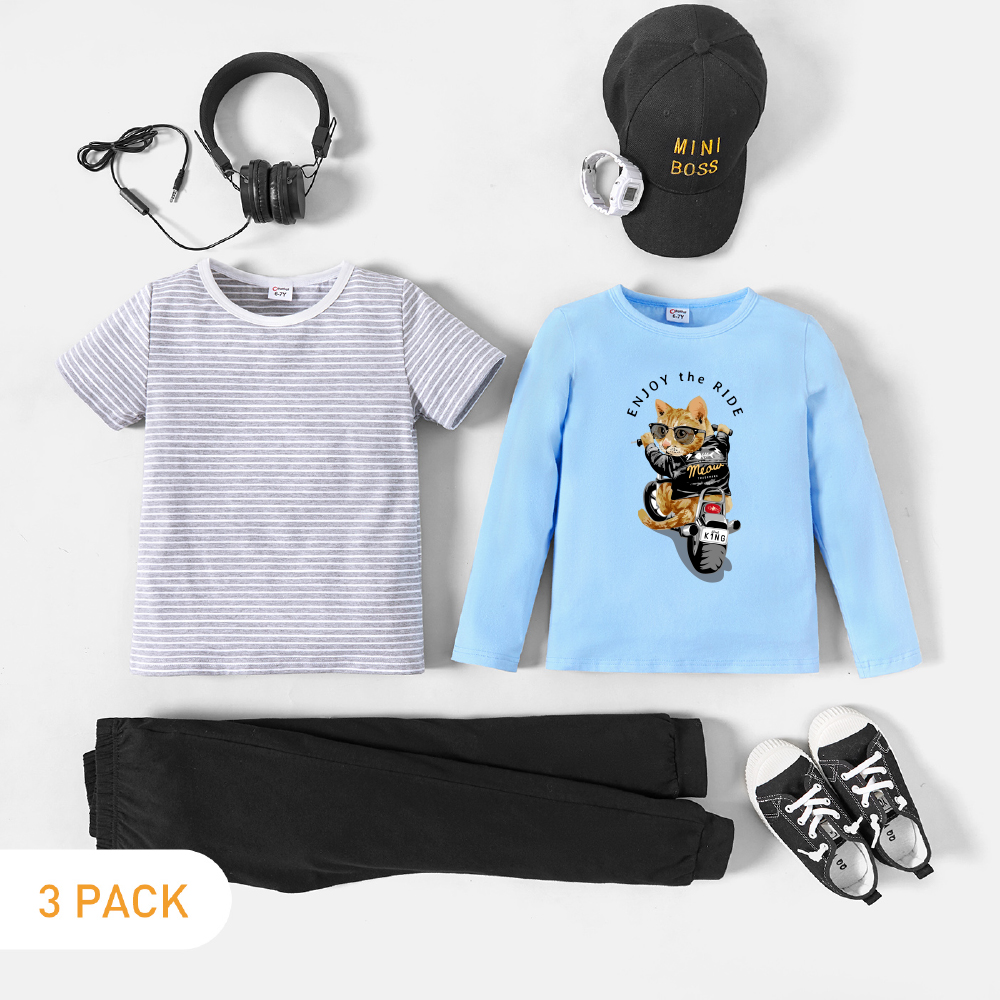 3-Pack Kids Boy Graphic Cat Print & Striped Tee Pants Set