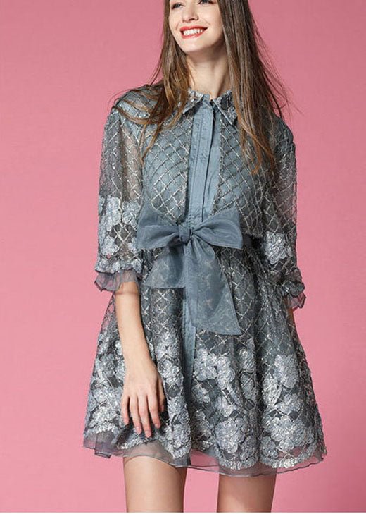 Fashion Grey organza Patchwork Hollow Out Bow waist Fall Half Sleeve Coat CK1539- Fabulory
