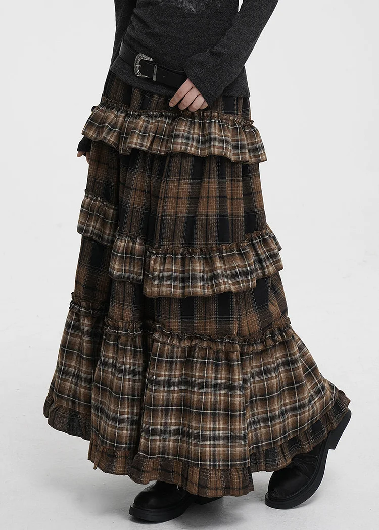 Vintage Coffee Ruffled Plaid Elastic Waist Cotton Skirts Spring