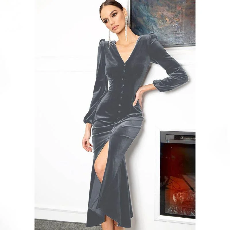 Neosepa-Elegant V Neck Long Sleeve Button High Slit Velvet Plain Party Dress