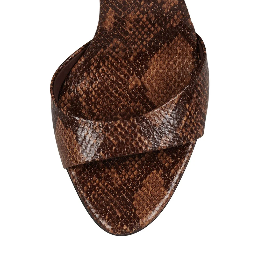 Brown Open Round Toe Stiletto Heel Mule Shoes for Women with Python
