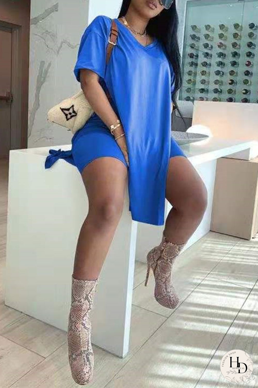 Coffee Fashion Casual Solid Slit V Neck Short Sleeve Two Pieces