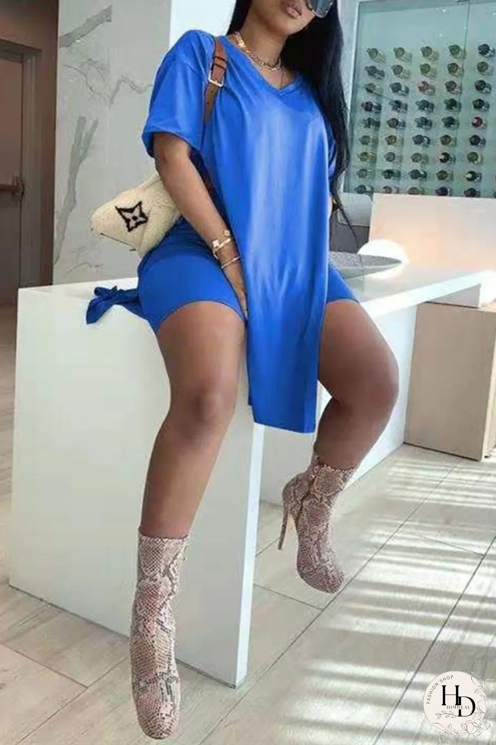 Coffee Fashion Casual Solid Slit V Neck Short Sleeve Two Pieces