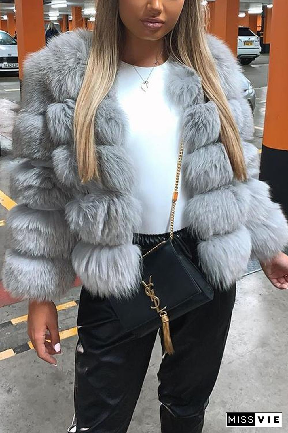 Layer O Neck Faux Fur Coat