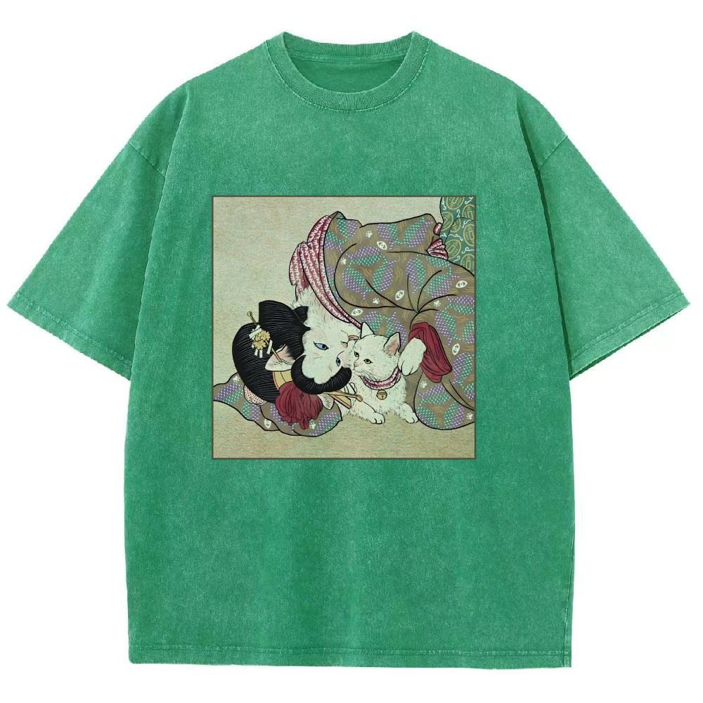Cat Lady Printed Washed Vintage Short Sleeves T-Shirt