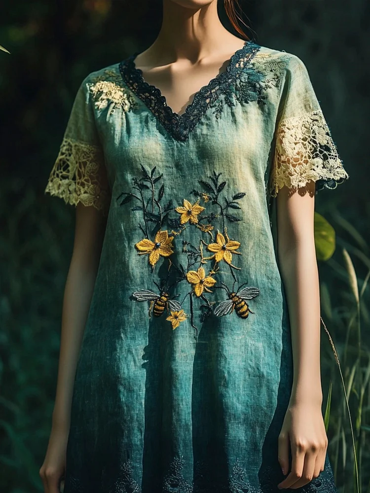 Bee & Flower Embroidery Blue & Green Gradient Lace Vintage Women's Linen Dress