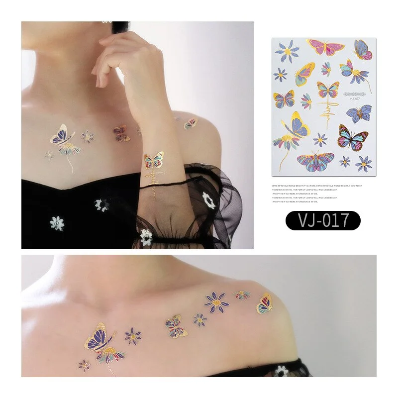 12 Kinds Bronzing Tattoo Butterfly Disposable Shiny Party Makeup Sticker Women Temporary Body Art Summer Waterproof