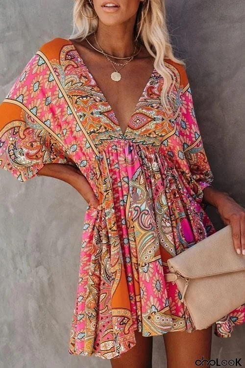 Exotic V Neck Boho Casual Dress