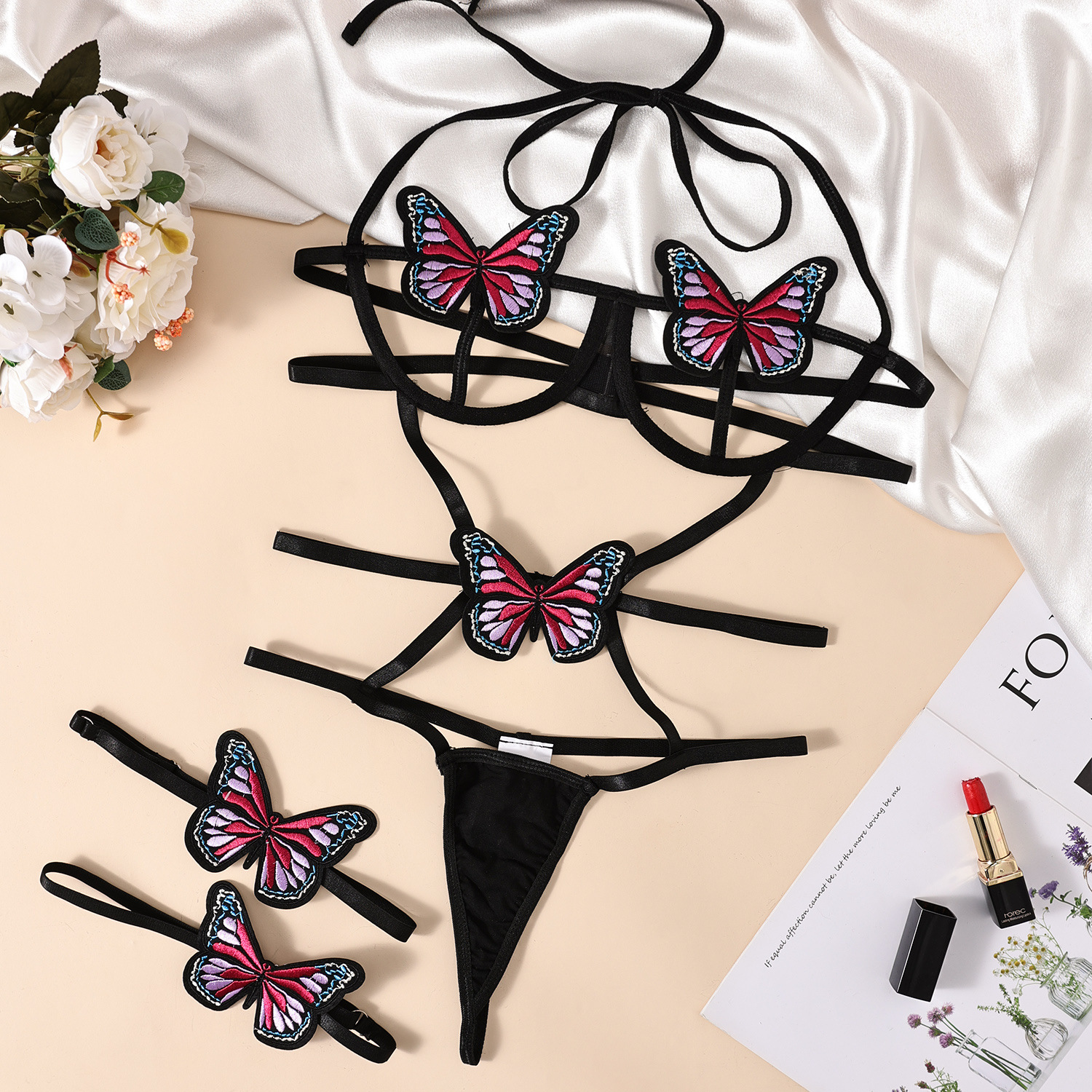 Lovingerie - Lace Sling Halter-neck Strapped Patchwork Contrast-color Bowknot Hollow-out Backless Erotic Bodysuit
