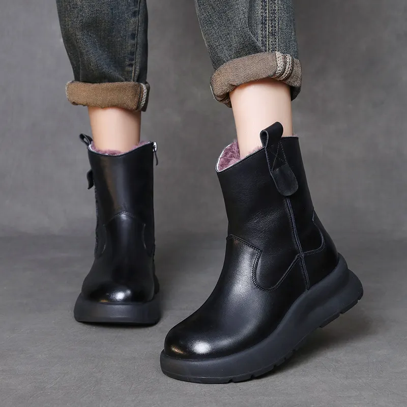 Yyvonne Cow Skin Retro Thick-Bottomed Boots Children Winter New Wool Short Boots Warm And Velvet Snow Boots