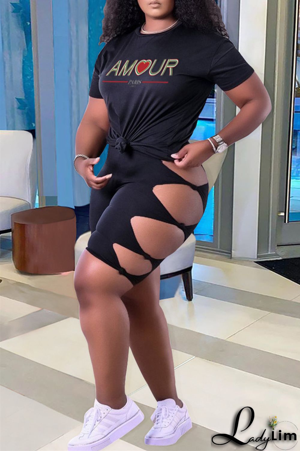 Green Fashion Casual Letter Print Ripped O Neck Plus Size Two Pieces