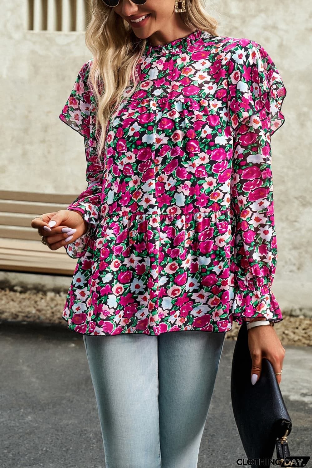 Printed Round Neck Flounce Sleeve Blouse