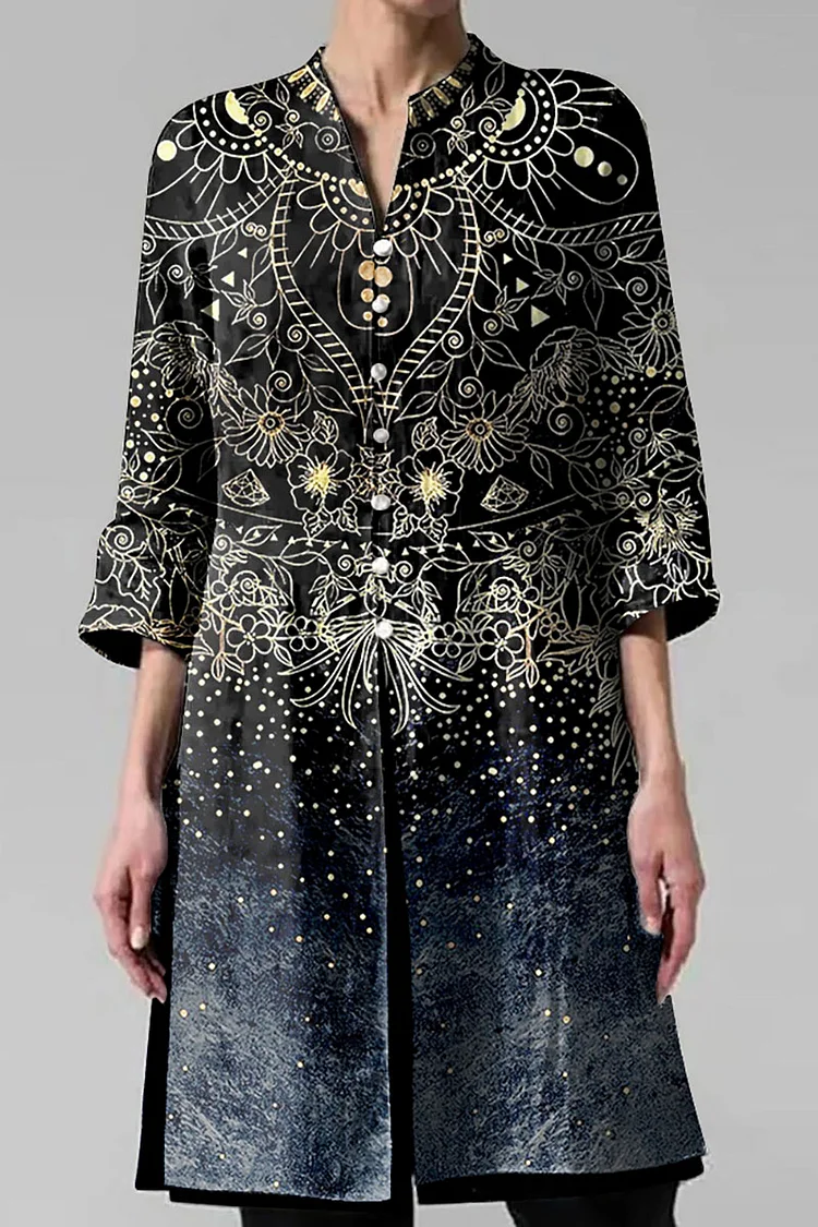 Black Pattern Print Irregular Cotton And Linen Shirt Cardigan [Pre Order]