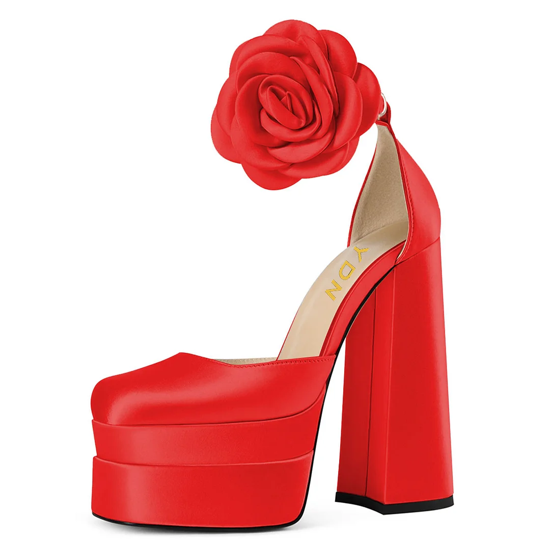 Red Satin Square Toe Platform Flower Decor Ankle Strap 6-Inch Heels