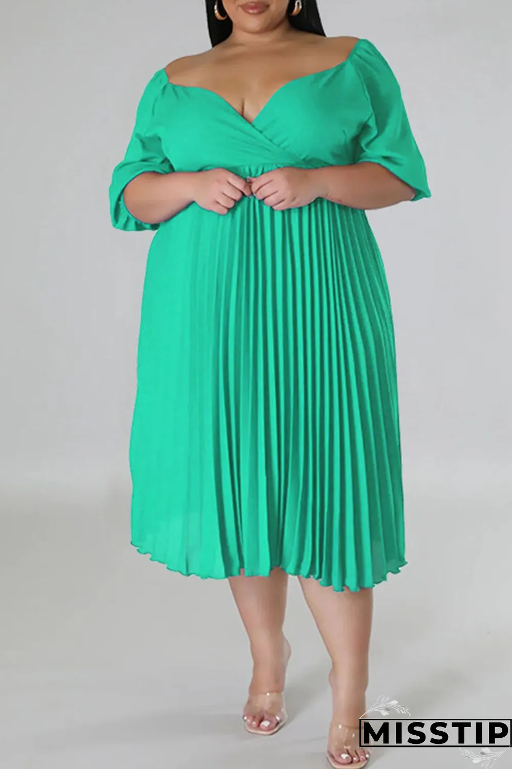 White Casual Solid Patchwork Fold V Neck Straight Plus Size Dresses