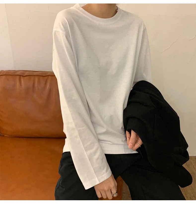 Uveng Uveng Bottom Shirt Female Autumn 2024 New Korean Version Of Women's Foreign Style With Solid Color Student Long Sleeve T-Shirt Female Tide