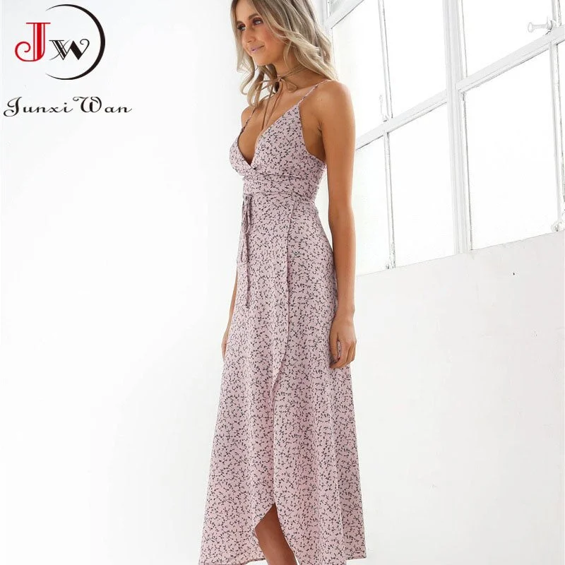 5XL Women Summer Long Dress Floral Print Casual Boho Beach Dress Spaghetti Strap Sexy Split Ladies Party Dress