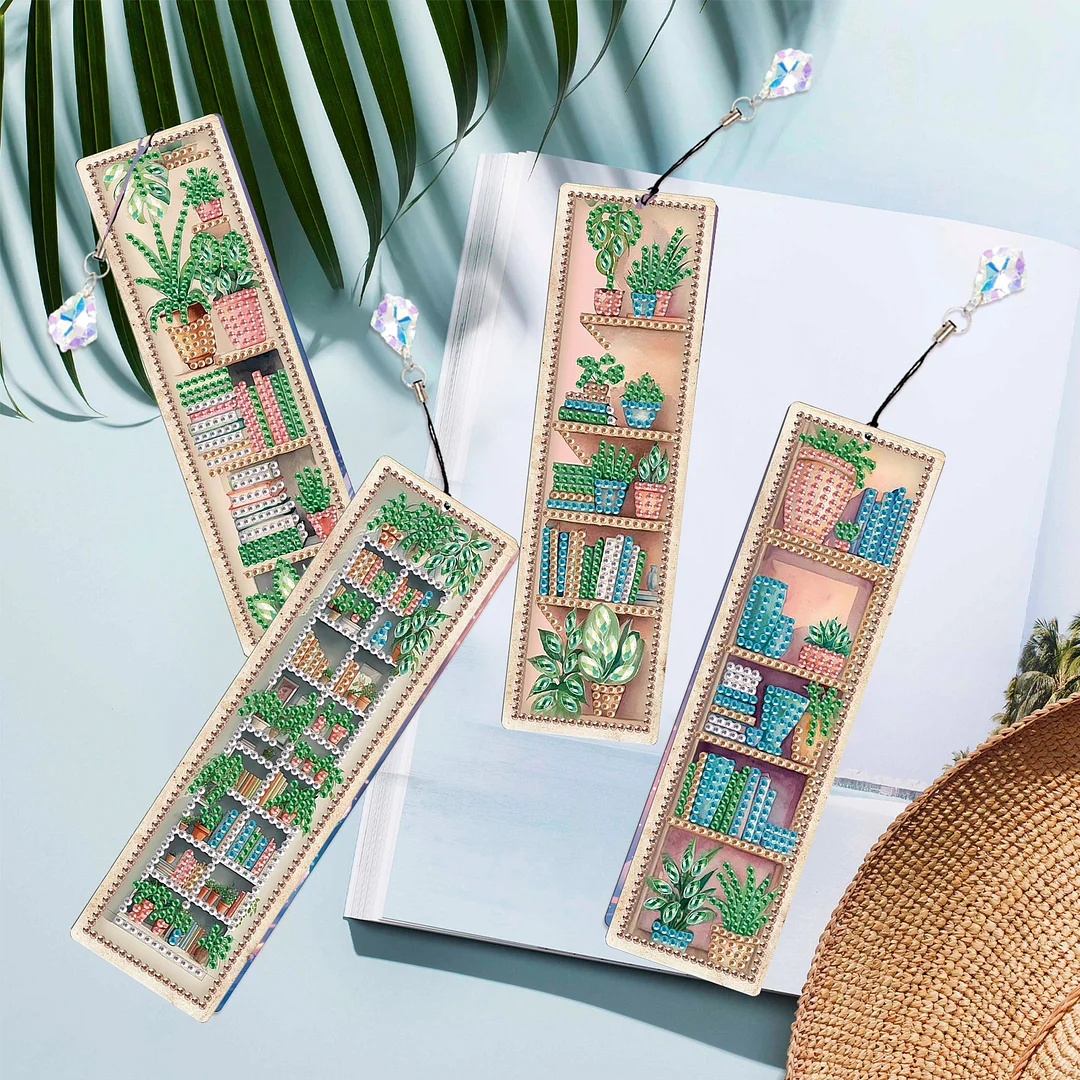 4Pcs Plant DIY Diamond Painting Bookmark Special Shaped Diamond Art Bookmark with Pendant Home Office Supplies Gift for Book Lovers