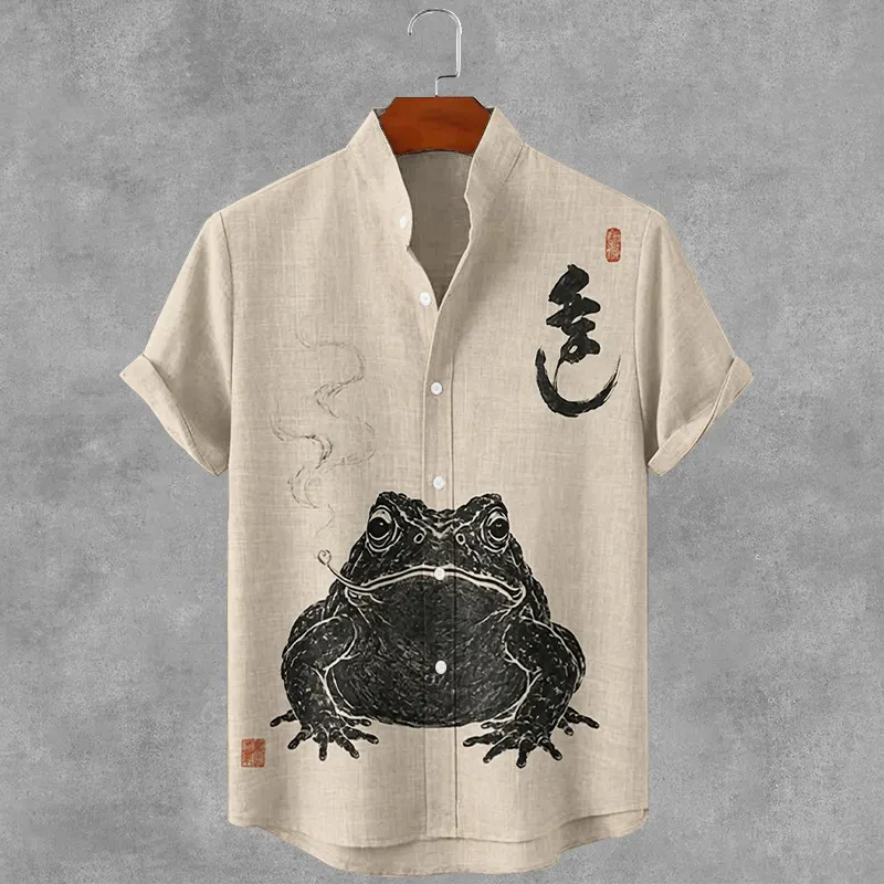 Vintage Japanese Frog Art Print Button Down Casual Cotton Linen Shirt  artssus