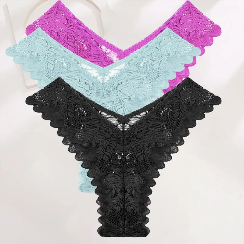 FINETOO 3PCS/Set Lace Gstring Panties Women Sexy M-XL Girls Thongs Perspective Temptation New Pantys Underwear Female Intimates