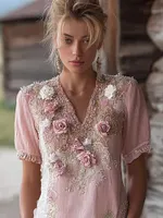 Vintage Boho Roses Embroidered V Neck Linen Shirt