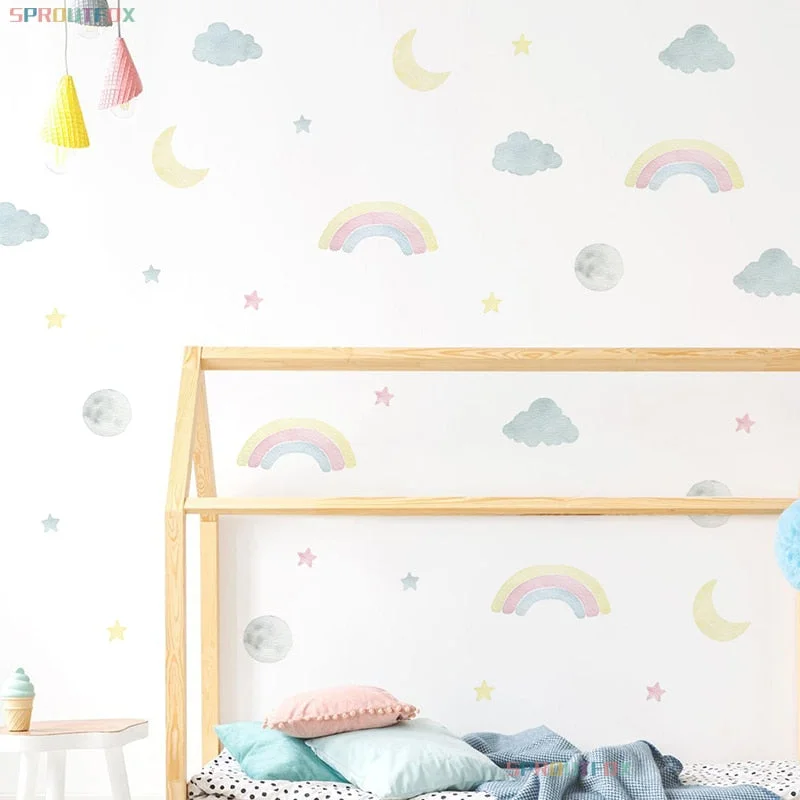 Colorful Rainbow Cartoon Moon Clouds Stars Wall Stickers for Baby Room Kids Room Modern Decoration Vinyl Nursery Decals