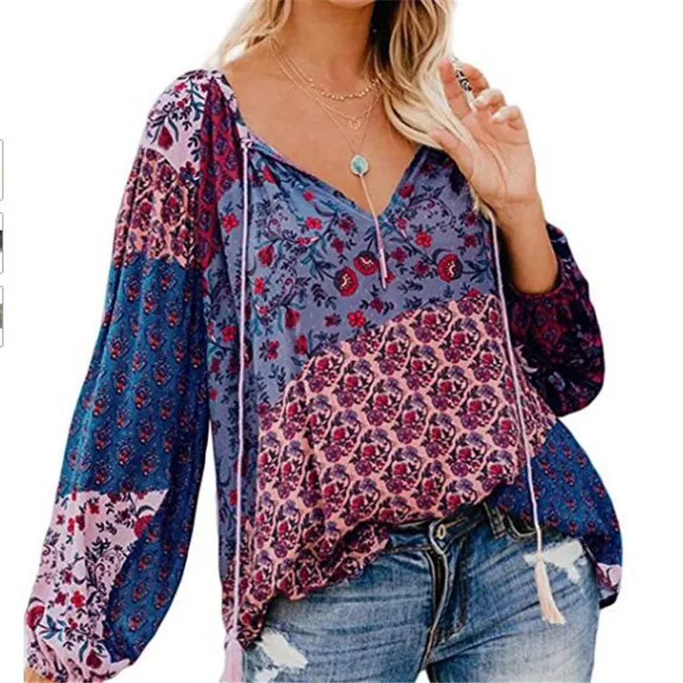 Churchf Churchf Autumn Floral Print Big V-Neck Long Sleeve Shirt Loose Rope Shirt Jacket Female