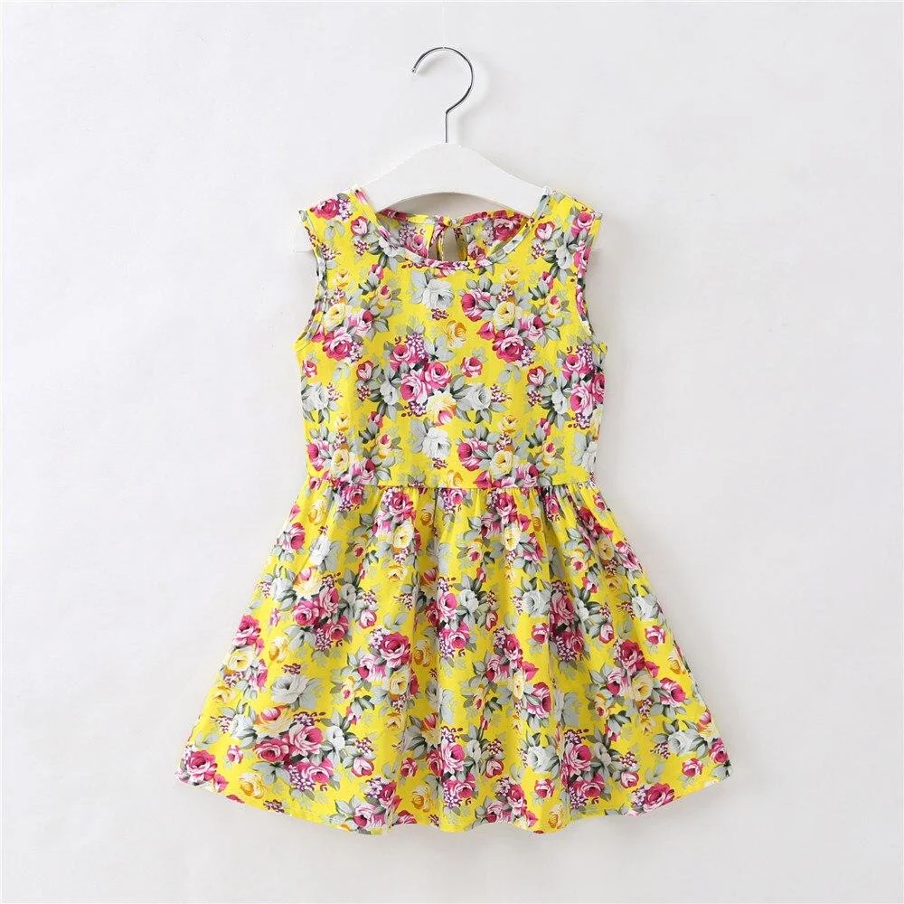 Kids Dress Summer Girl Flower Print Bowknot Back Straps Princess Dress Children Sleeveless Cotton Dresses Baby Girls Clothes