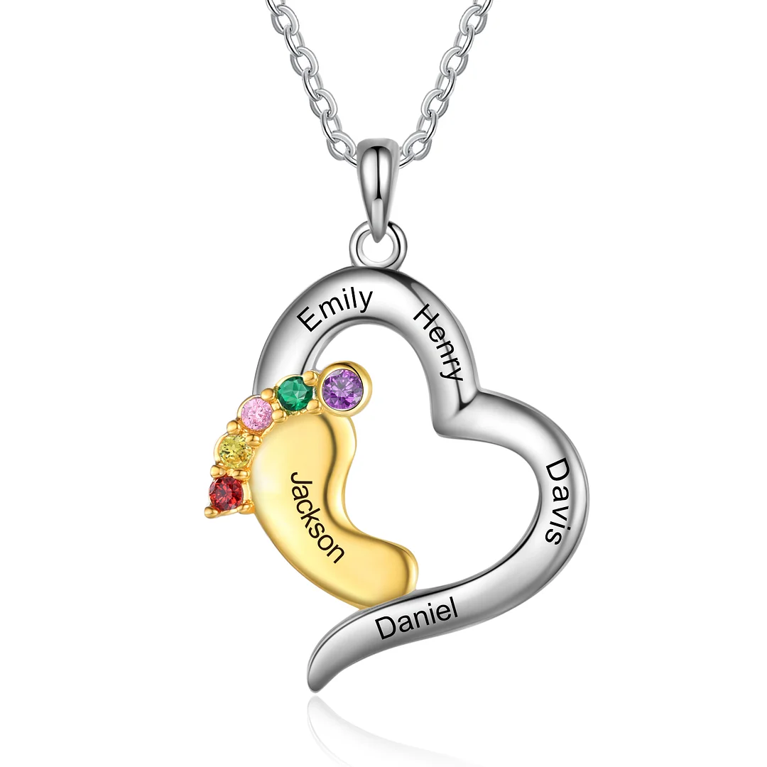 Baby Feet Necklace Personalized 5 Birthstones and Names Heart Necklace