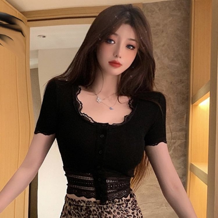 Korean version of sexy lace stitching tops women's tight-fitting single-breasted T-shirt short tops summer short sleeves - BlackFridayBuys