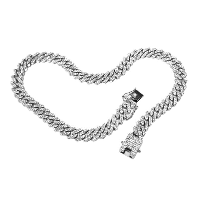 New 12mm Bar-shaped Men’s Cuban Chain Necklace Gold-plated Full Diamond Alloy Hip Hop Style Chain