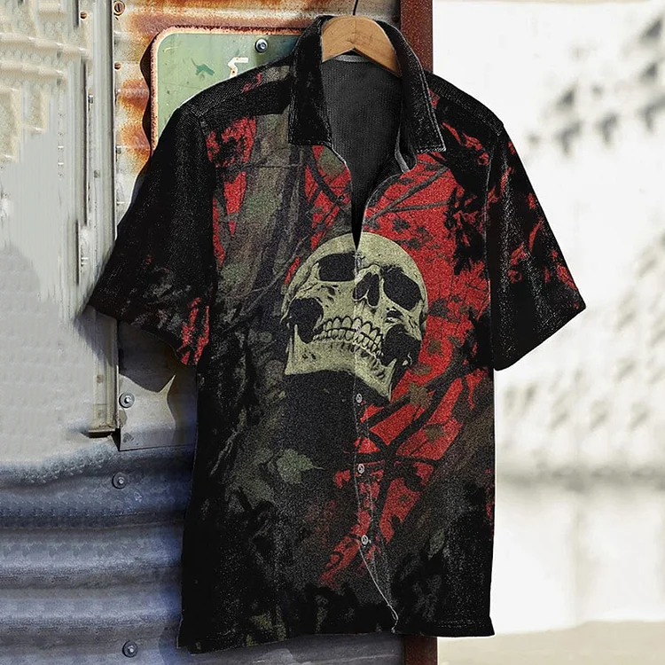 Comstylish Men's Vintage Color Block Skull Casual Printed Shirt